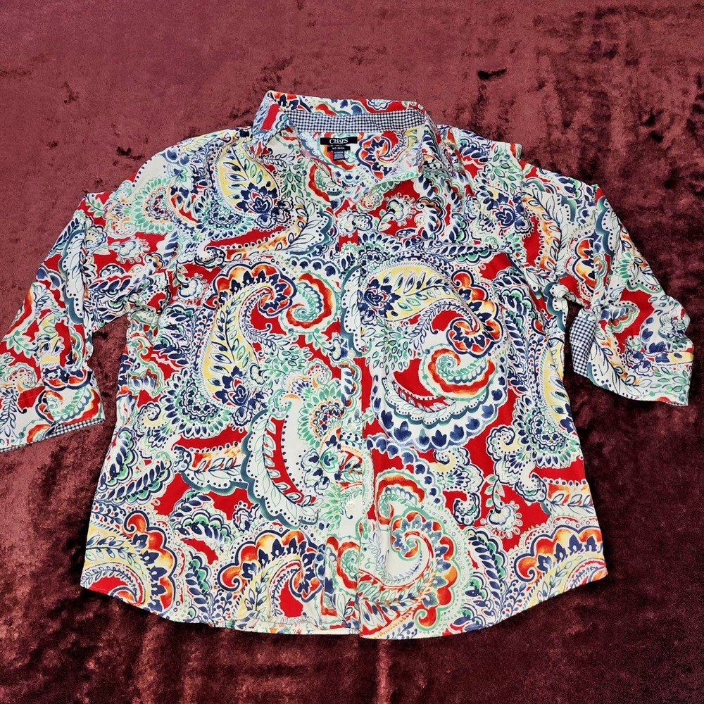 Chaps Women's 1X Paisley Button Down Shirt Multicolor No Iron 3/4 Sleeve
